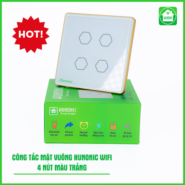 Công tắc Hunonic Wifi 4 nút hình vuông màu trắng